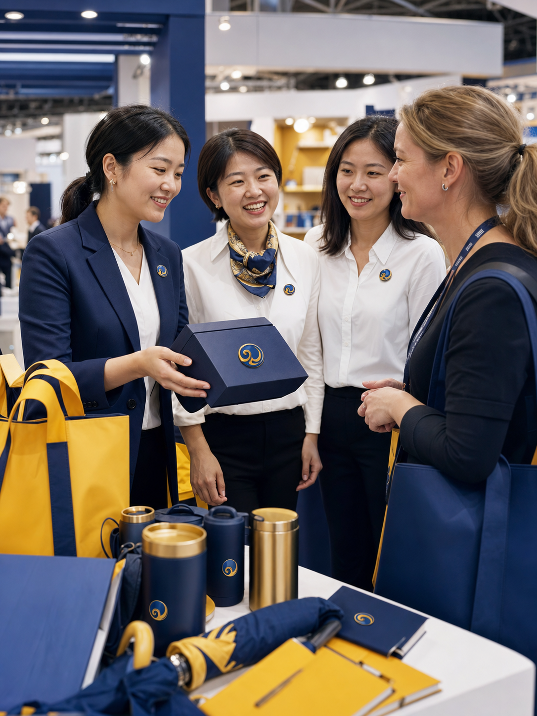 NINER Gifts team discussing custom corporate gifts with an exhibition visitor