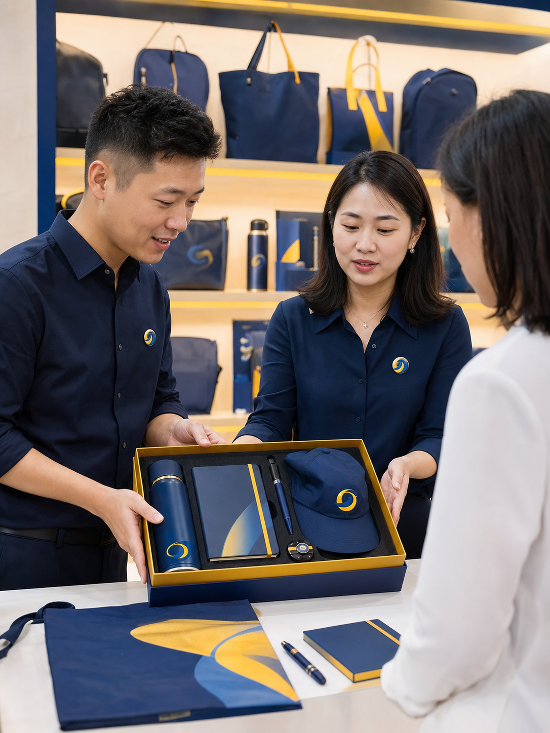 NINER Gifts team demonstrating a custom event giveaway set