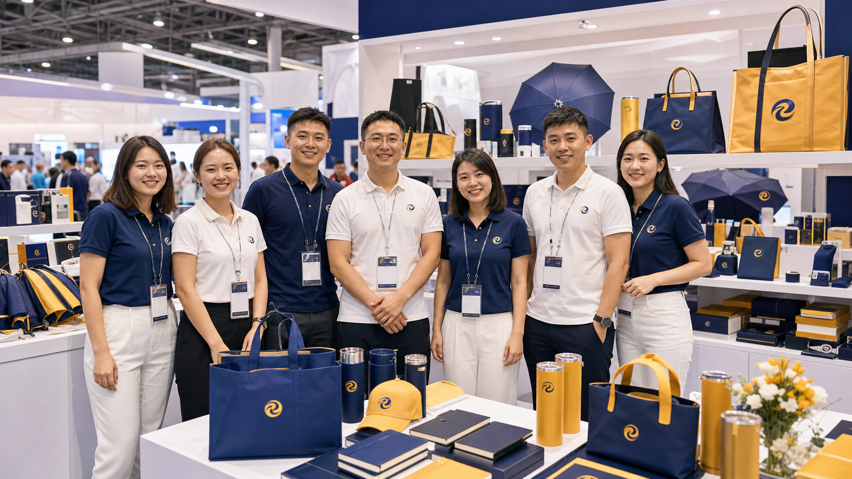 NINER Gifts team showcasing custom promotional gifts at an international trade show